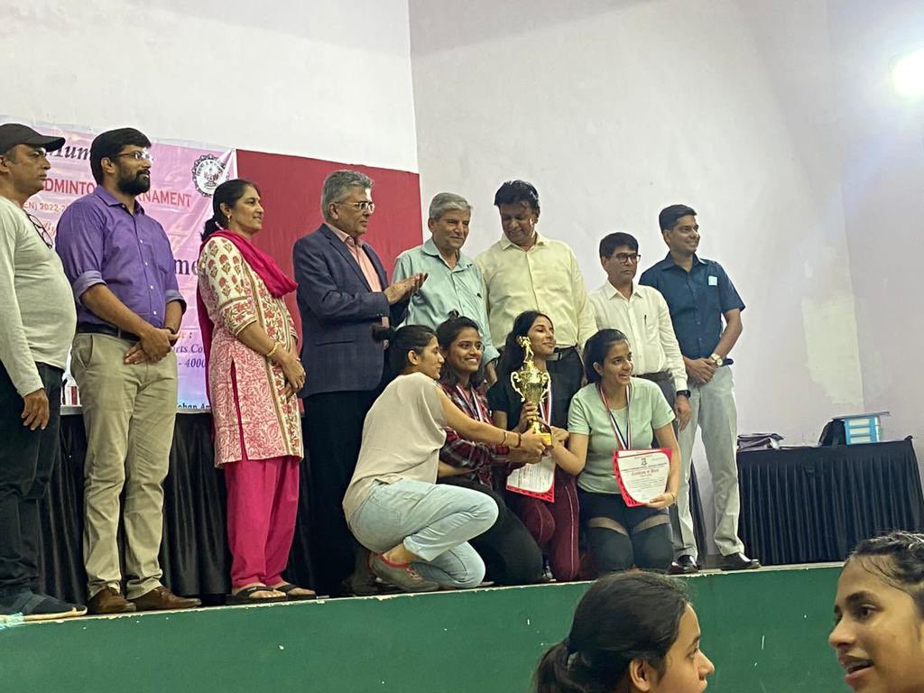 MotiramSmt's tweet photo. A moment of pure joy and pride as the M.M.K womens badminton team lifted the trophy and secured 3rd place in University of Mumbai, Zone ll Badminton Championship. https://t.co/ENrkRJ1HYR