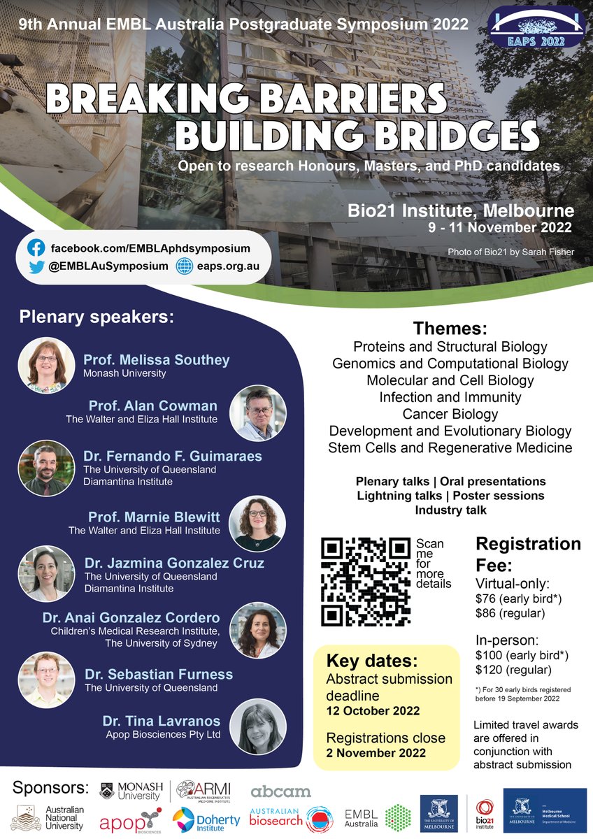 2023 EMBL Australia Postgraduate Symposium (@emblausymposium) on Twitter photo Calling all #PhD/ #Honours/ #Masters students! #EAPS2022 is back for an in-person event from 9-11 Nov, 2022 <a href="/Bio21Institute/">Bio21 Institute</a> in Melbourne! Register now before Early Bird registrations close next week! Calling all #PhD/ #Honours/ #Masters students! #EAPS2022 is back for an in-person event from 9-11 Nov, 2022 <a href="/Bio21Institute/">Bio21 Institute</a> in Melbourne! Register now before Early Bird registrations close next week!