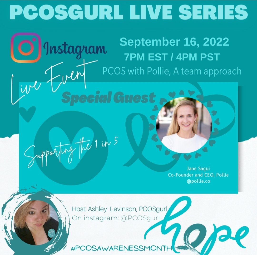 PCOSGurl's tweet photo. ☆☆☆ TOMORROW  ☆☆☆
September 16, 2022
7PM EST/ 4PM PST
#IGLIVE  @pcosgurl
PCOS with Pollie, a team approach

♡♡♡ special guest ♡♡♡
Jane Sagui
Co-Founder and CEO
@pollieco
 
#pcosawarenessmonth #pcos #pcosgurl #Health https://t.co/o00FsHocQW
