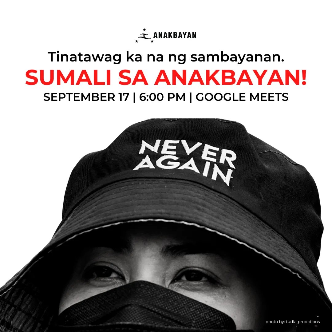anakbayan_ph's tweet image. Bilang paggunita ng ika-50 taon ng deklarasyon ng Martial Law ay magsasagawa ang Anakbayan ng Mass Orientation.

Gaganapin ang Online Mass Orientation sa darating na Sabado, ika-17 ng Setyembre, 6pm via Google Meet. 

Magparehistro lamang sa link na ito: 

docs.google.com/forms/u/0/d/1v…