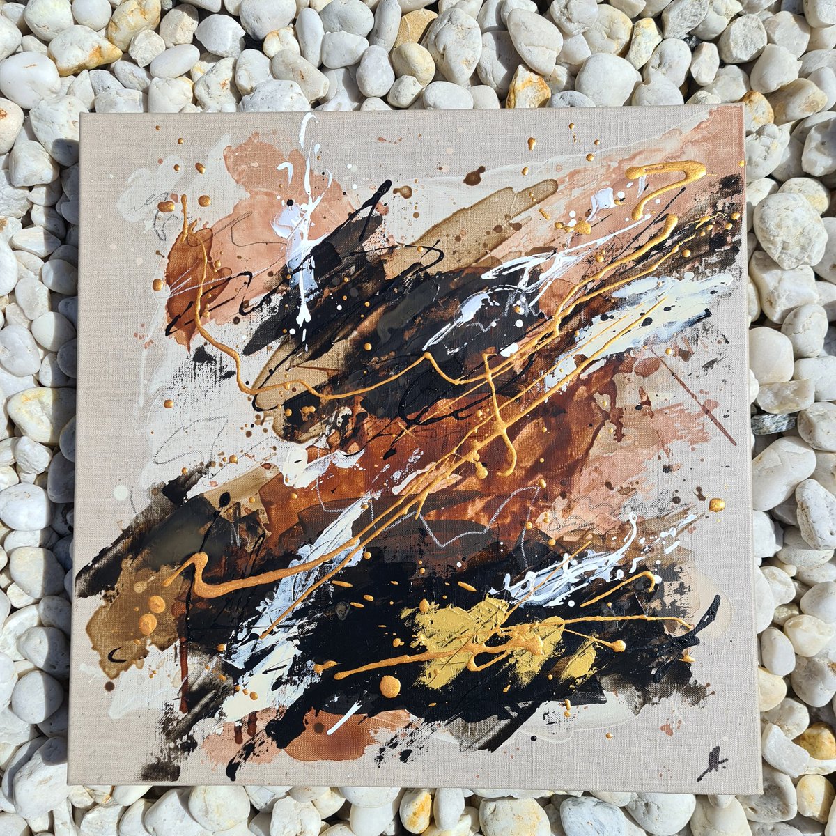 colchelle004's tweet photo. "Irruptive Freedom", mixed media on Belgian Linen, 20" x 20".  Think earthy volcanic tones for this artwork, with gold highlights.  I was being loose and relaxed creating this piece, with the freedom of not holding back!  Lots of thin layers of movement and beautiful textures. https://t.co/IbCzx5xH6Y