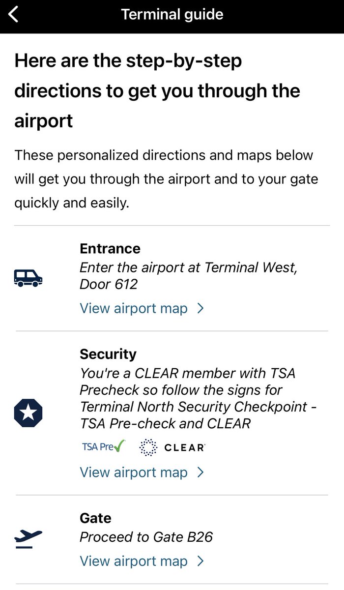 schlouch's tweet photo. I am super impressed with this terminal guide on the ⁦@united⁩ app! Love the integration with Clear/TSA. https://t.co/lJ633x71RI