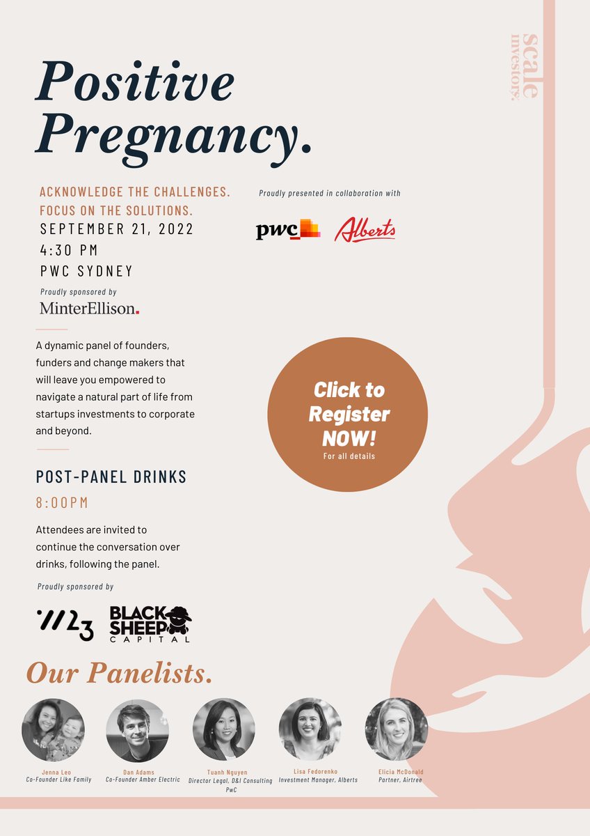 We're looking forward to hosting a discussion on what good looks like for founder pregnancies this Wednesday, register here:eventbrite.com.au/e/positive-pre… #genderequality #founders <a href="/scale_investors/">Scale Investors</a> <a href="/PwC/">PwC</a> <a href="/minterellison/">MinterEllison</a>  <a href="/CapitalSheep/">Black Sheep Capital</a> W23 <a href="/eliciakmcdonald/">Elicia McDonald</a>  <a href="/AmberElectricAU/">Amber Electric</a>  <a href="/LikeFamilyAU/">Like Family</a>