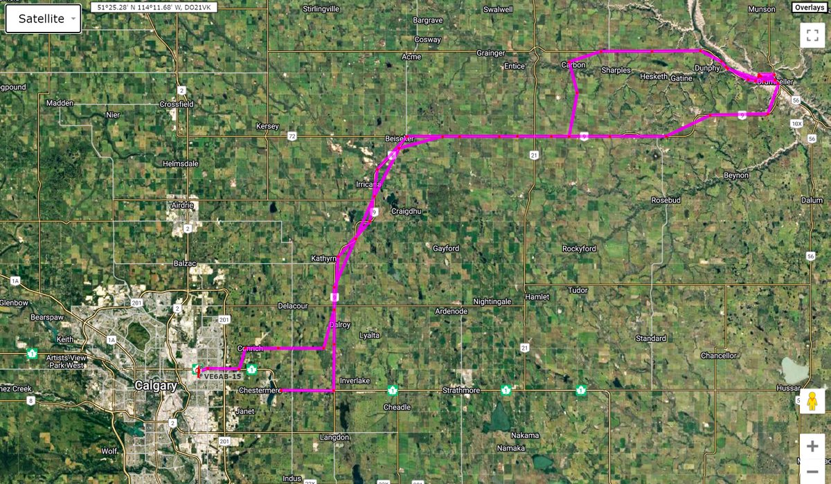 VE6AB's tweet photo. Earlier today my wife and I made a round trip from Calgary to Drumheller AB to visit friends. The track you see was laid while operating HF RPR APRS. WA7GMX-1 in the state of Washington was hearing me direct on 10.147.30 Mhz and dropped 50 of my beacons on google maps. https://t.co/zYljtLfBjb