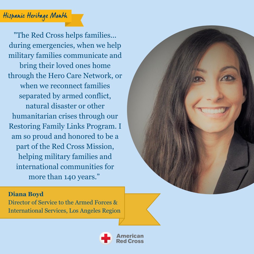 RedCrossLA's tweet photo. Meet Diana, Dir. of Service to the Armed Forces &amp; International Services. Her work helps reunite families across the globe &amp; supports military members, veterans &amp; caregivers. This #HispanicHeritageMonth we celebrate our employees, donors &amp; volunteers who help deliver our mission. https://t.co/XEBjHIAgU7