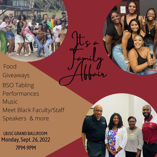 It’s a Family Affair!

New to <a href="/txst/">Texas State University</a> - this event is for you! Black Student Organizations in collaboration with the <a href="/coalition_txst/">CBFS Texas State</a> are excited to meet and connect with you.

Join us in faculty/staff interactions, refreshments, fun, music and a great time with your Bobcat Family!