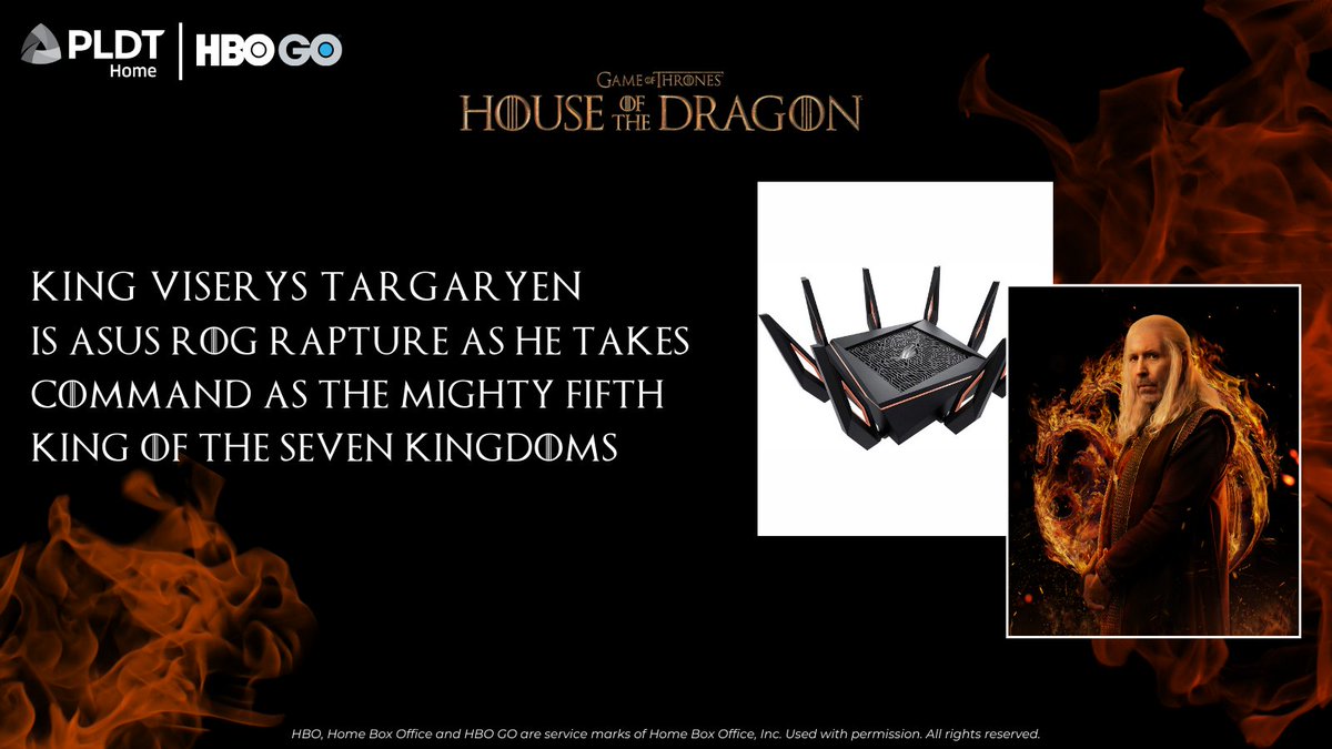 PLDTHome's tweet photo. They hold power and are just as smart. Here are your fave @HouseofDragon characters as Smart Home products. #HomeMadeBetter
Follow the unfolding of @HouseofDragon on #HBOGo with PLDT Home, the Philippines’ fastest home broadband! https://t.co/l2hmpg6s4W #EntertainmentMadeBetter https://t.co/xPxOY793FV