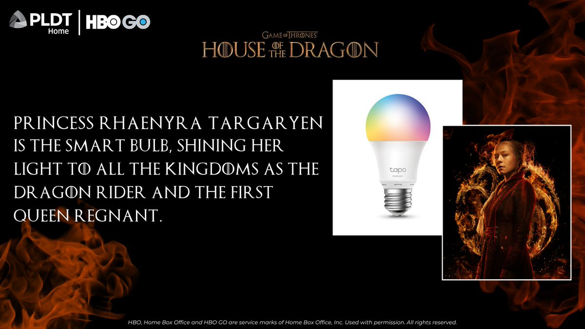 PLDTHome's tweet photo. They hold power and are just as smart. Here are your fave @HouseofDragon characters as Smart Home products. #HomeMadeBetter
Follow the unfolding of @HouseofDragon on #HBOGo with PLDT Home, the Philippines’ fastest home broadband! https://t.co/l2hmpg6s4W #EntertainmentMadeBetter https://t.co/xPxOY793FV