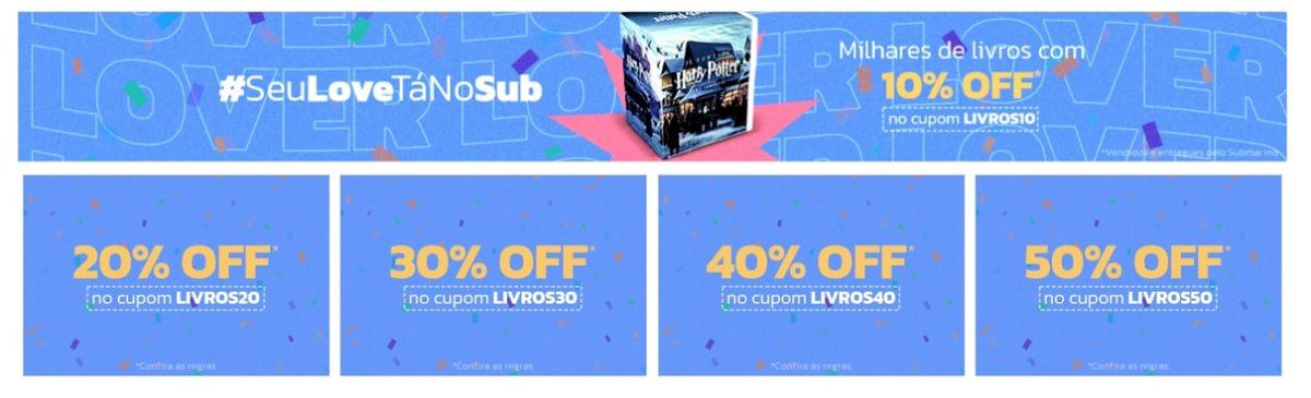 promosdelivro's tweet photo. Cupons Submarino 🔥

📚50% OFF no cupom LIVROS50 
➡️ https://t.co/cXKN3FSMBw

📚 40% OFF no cupom LIVROS40
➡️ https://t.co/6FykCEYdOH

📚 30% OFF no cupom LIVROS30 
➡️ https://t.co/W9uSsKUWGi

📚 20% OFF no cupom LIVROS20 
➡️ https://t.co/wL61Tzrpq0 https://t.co/09acKCfhAs