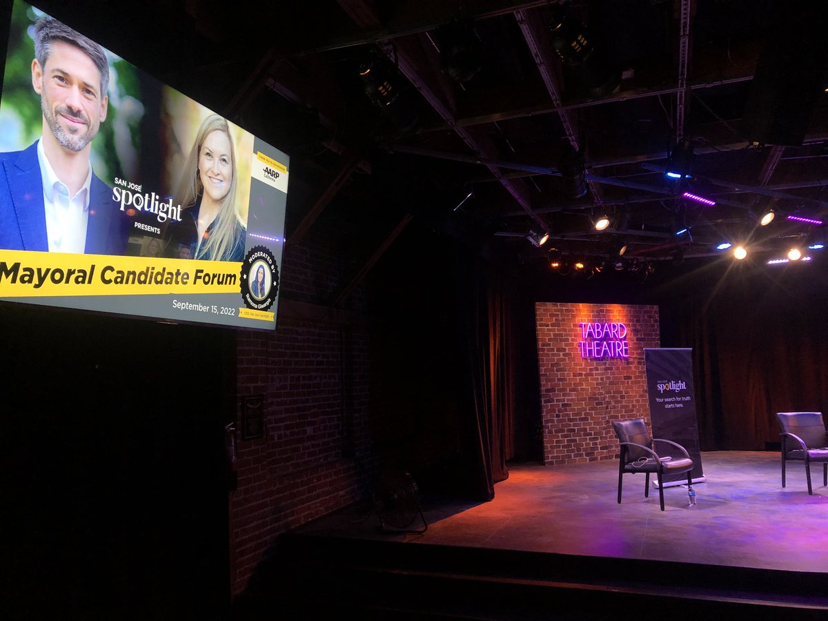 RamonaGiwargis's tweet photo. The stage is set for @SJSpotlight’s mayoral candidate forum. The candidates will be here in less than an hour — there is still time to RSVP to watch online (in-person tickets have sold out). https://t.co/MpIbvbLUyD https://t.co/nFKVpdxM6K