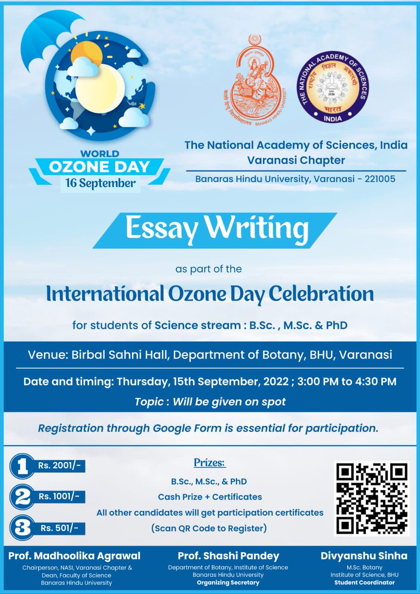 DeanScienceBHU's tweet photo. Science Students from different Institutes and Colleges of Varanasi participated in An Essay Writing Competition as a part of the International Ozone Day Celebration organized by The National Academy of Sciences, India, Varanasi Chapter on September 15, 2022. https://t.co/9lcCueAXXO