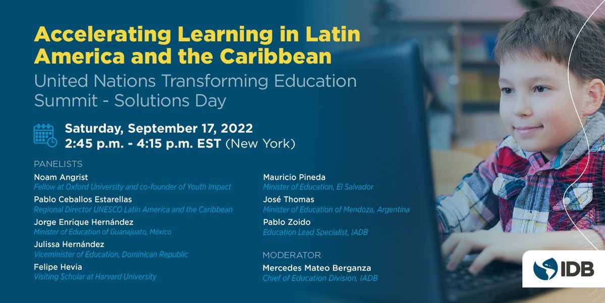 If at the #UNGA, join us on "Solutions Day" at the #TransformingEducation Summit on 📆17 September - 2:45 p.m. Looking forward to presenting on remote tutoring w/ Ministers of Education in Argentina, Mexico, DR, El Salvador <a href="/the_IDB/">Inter-American Development Bank</a> <a href="/UNESCO/">UNESCO 🏛️ #Education #Sciences #Culture 🇺🇳</a> <a href="/youthimpactorg/">Youth Impact</a> <a href="/UniofOxford/">University of Oxford</a> <a href="/Harvard/">Harvard University</a>