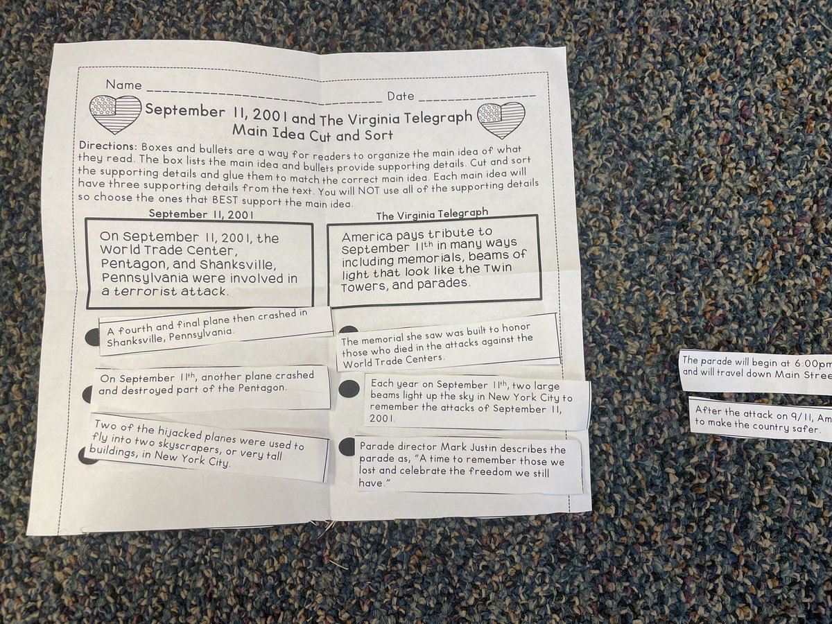 JennBullock07's tweet photo. My kiddos did a great job practicing teamwork and finding supporting details to our 9/11 Main Ideas. #5thgradeela #teachersoftwitter #teacherlife @CHESPirates https://t.co/af69cx2Ijy