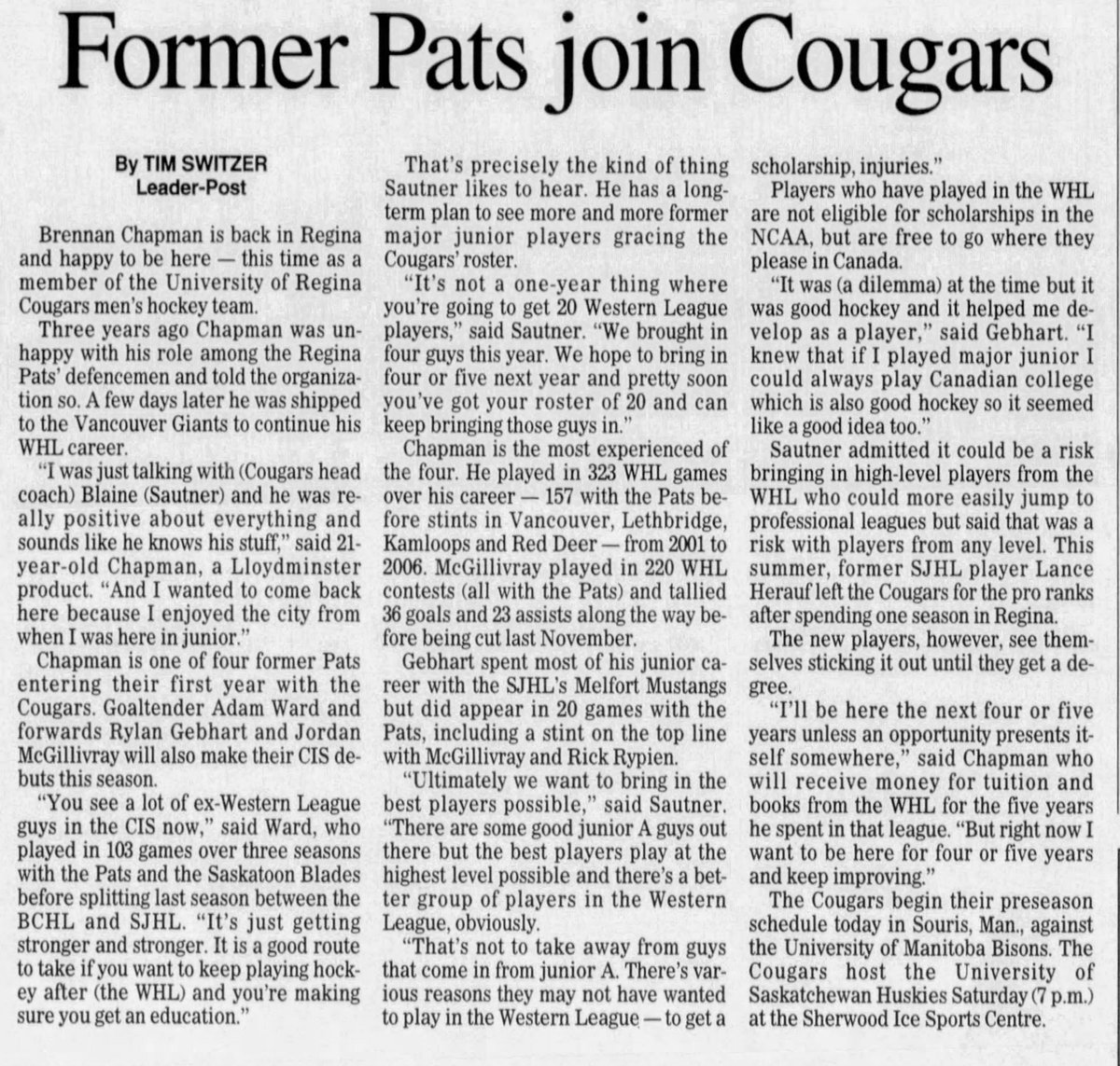 theblueliner's tweet image. The September 15 2006 Leader-Post has an article about Gebhart and Brennan Chapman joining the University of Regina Cougars.