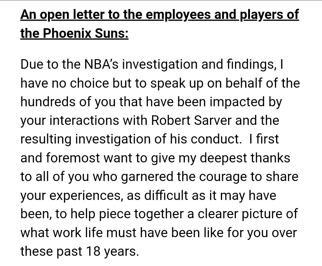Part 1 of #Suns vice chairman Jahm Najafi's "open letter" to Phoenix Suns employees and players in reaction to findings in the investigation of team owner Robert Sarver.