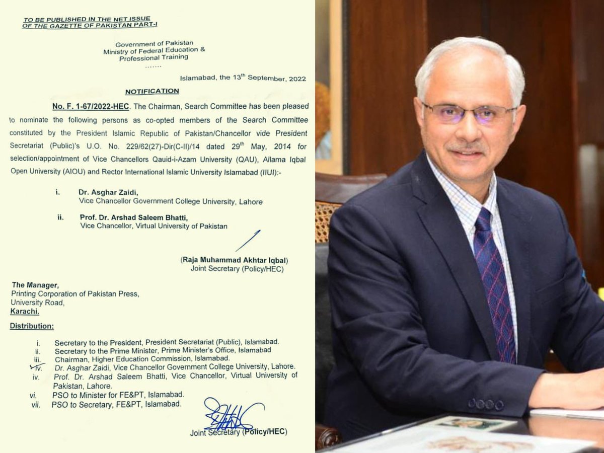 Law_GCU's tweet photo. Another feather in the cap. We feel proud to announce that our VC @zaidia has been nominated as a member of the #Search_Committee for the appointment of Vice Chancellors in three top universities of our country. We wish you all the best as you go on to greater and better things! https://t.co/totwdFpm03