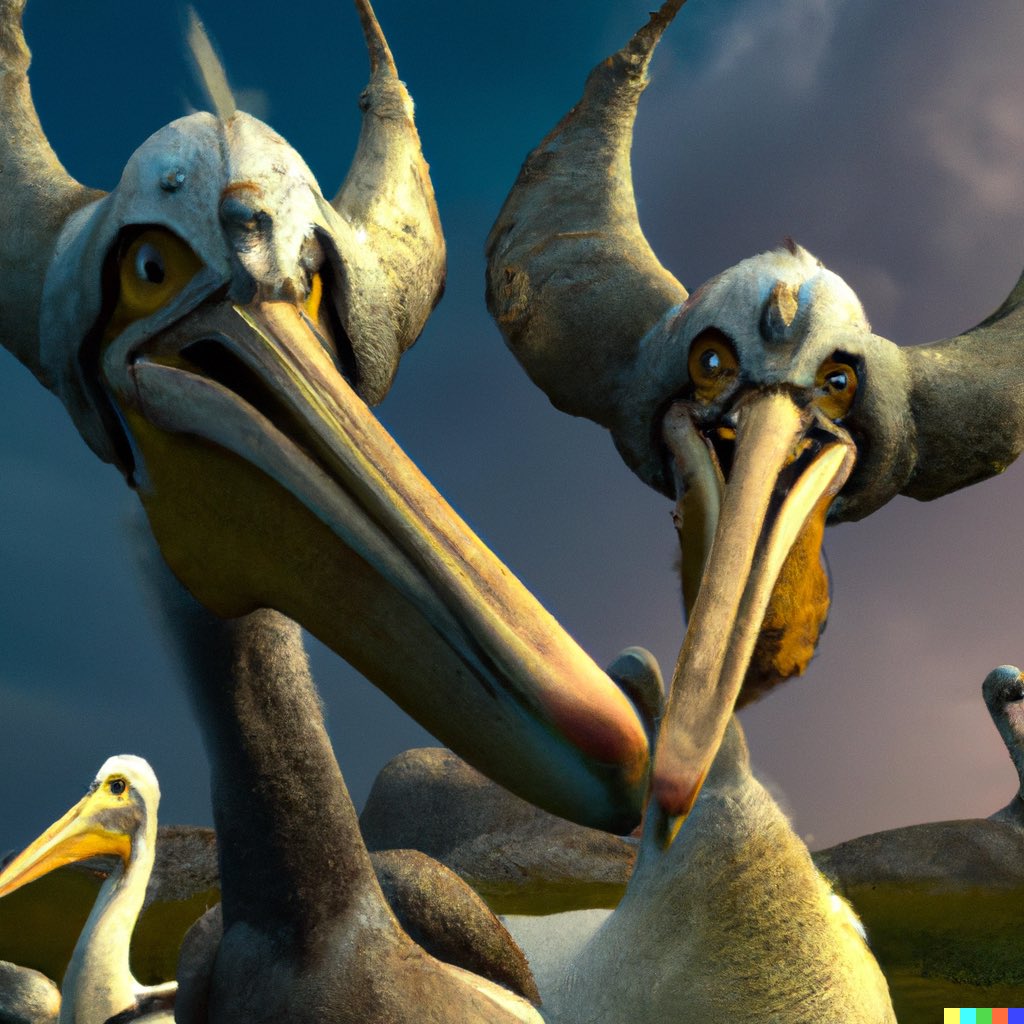 Help!! I'm being attacked by ferocious Viking Pelicans!! Send me some AI art of what I should do!