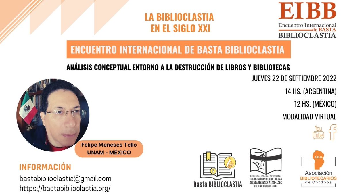 BBiblioclastia's tweet photo. Encuentro Internacional de Basta Biblioclastia: La biblioclastia en el siglo XXI. 6° Encuentro.
Análisis conceptual entorno a la destrucción de libros y bibliotecas
Felipe Meneses Tello (UNAM – México)
https://t.co/pxFS8Y6mkl
#EIBB #bastabiblioclastia #felipemenesestello https://t.co/evBZPnP3lr
