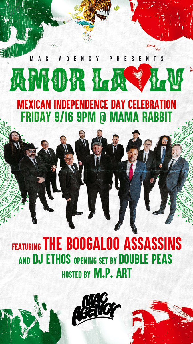 AMOR LA❤️LV Kick off Mexican Independence Weekend in at @parkmgm inside Mama Rabbit as we welcome Boogaloo Assassins to Vegas for their first Sin City performance. Admission is free, but the tequila and mezcal are gonna cost ya lol. Hope you can join us! ❤️🇲🇽❤️