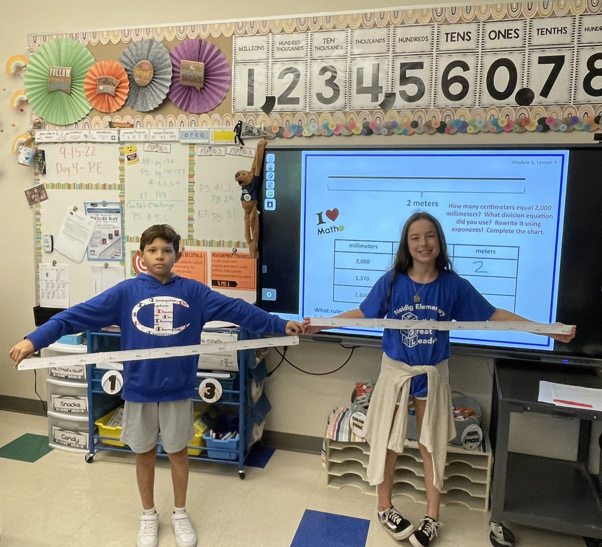 ONeill5thGrade's tweet photo. Students’ used meter sticks to model different metric conversions using meters, centimeters and millimeters. #qcsd #nedig  @NeidigElem @QCEAed https://t.co/BgawECmzhE