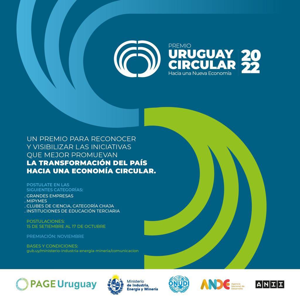 📌 Ya está abierta la convocatoria para el Premio Uruguay Circular 2022❗ 👇🏾

♻️ Galardón que busca reconocer y visibilizar iniciativas para la transformación del país hacia la #economíacircular 🌱

🗓️ del 15/09 al 17/10 - 14 h 

🔗 Bases y condiciones 👉🏽 bit.ly/3Dtq8hh