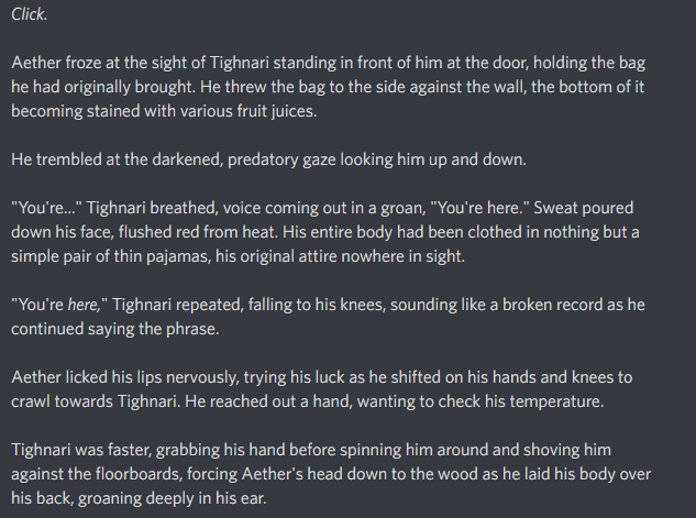 FlowerofFira's tweet photo. This was fun to participate in! Thank you for holding this event!! ❤

Day 7: Free Day (Hinted Noncon/Dub + Forced Mating) #Tighnather 
#DeadDoveAetherShipWeek https://t.co/R3yV7q6wOs