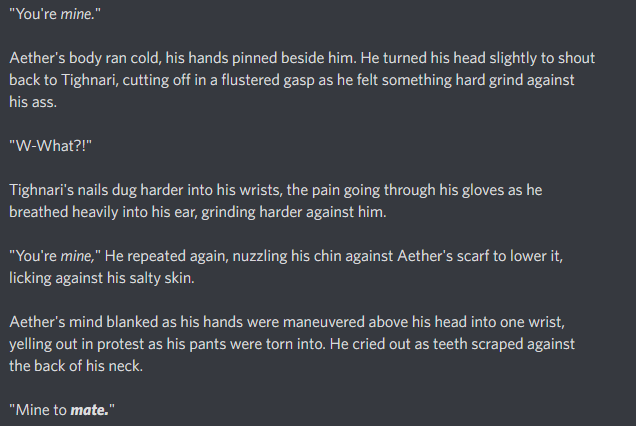 FlowerofFira's tweet photo. This was fun to participate in! Thank you for holding this event!! ❤

Day 7: Free Day (Hinted Noncon/Dub + Forced Mating) #Tighnather 
#DeadDoveAetherShipWeek https://t.co/R3yV7q6wOs