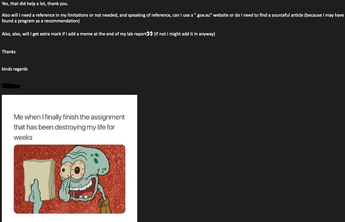 TashPress's tweet photo. I told my students at the beginning of semester that I love a meme, and now this one student keeps sending me memes with all the emails they send.. and I am so here for it...    (a Thread)   so they start with stressing out... and I was guiding them through gently... 1/3 https://t.co/60wYCXO6CV