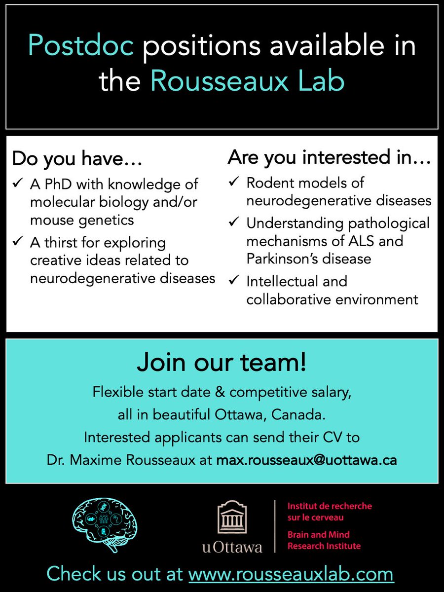 🧠We are hiring! Are you a recent PhD grad 🎓👩‍🔬 with interests in #Parkinsons #ALS #Neurodegeneration #Mousemodels #Synuclein #TDP43? Join our vibrant team! We are actively seeking out postdocs to work on some really exciting projects in the lab. Please share broadly/RT!