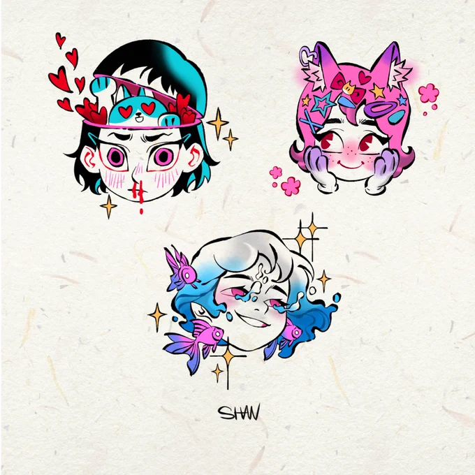 Some new tattoo flashes  I was hoping to make them look like a series. But they all look very different lol. DM if you are interested 