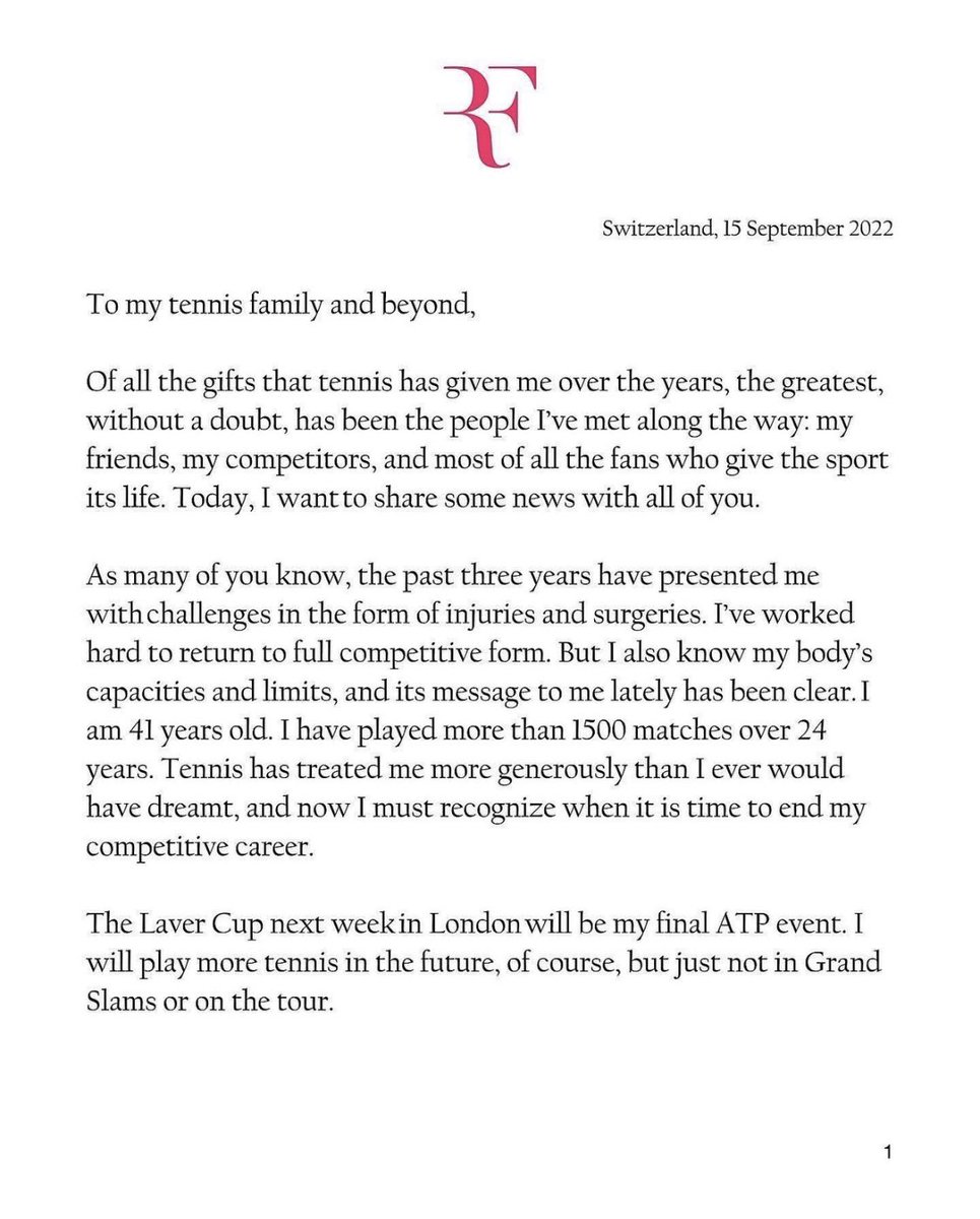 <a href="/rogerfederer/">Roger Federer</a> Always hoped this day would never come, you were the reason for my love affair with tennis, tennis is federer for millions of ppl in our generation..wht a journey, well played champ, will miss seeing you dominate d court with sheer elegance..🙌