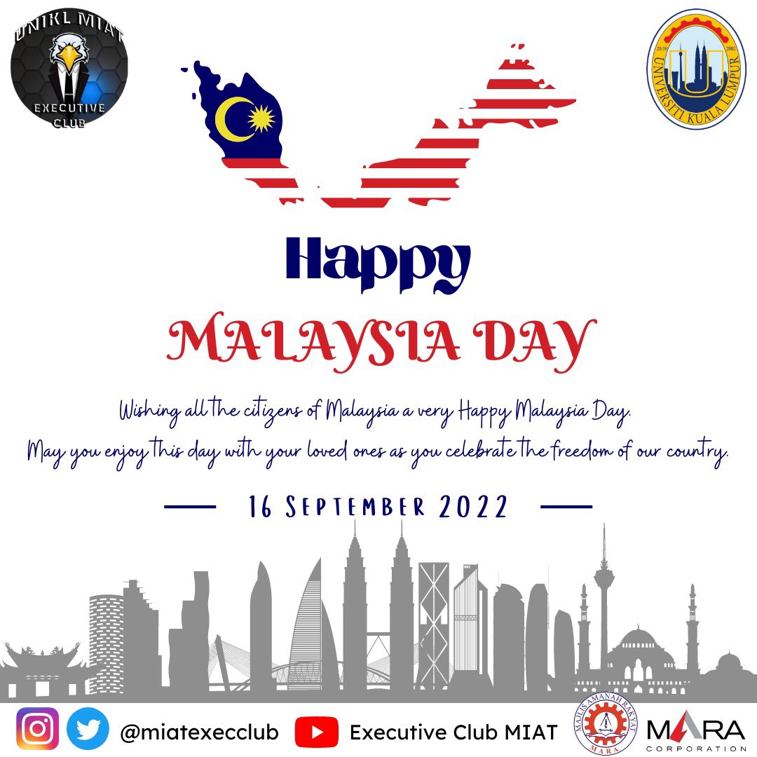 miatexecclub's tweet photo. MIAT Executive Club would like to wish Happy Malaysia Day. 🇲🇾🇲🇾🇲🇾

Let us be mindful of everything we can do for our nation to make it a place of wealth, peace, and happiness. 🇲🇾

Best Regards,
MIAT EXECUTIVE CLUB 2021/2022 ✨ https://t.co/FPpNR5d7J8