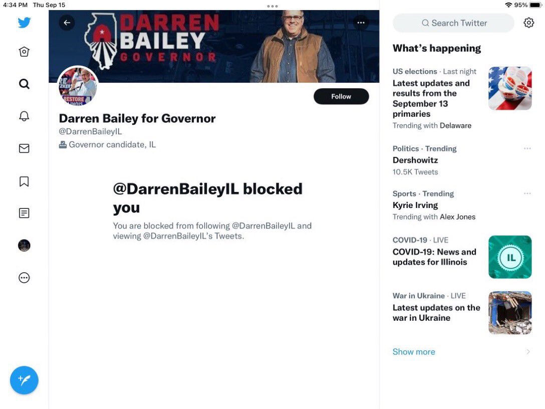 gracehopper's tweet photo. You know @DarrenBaileyIL, if you want to governor of *all* of Illinois, that includes the people who don’t agree with you. Stop blocking people who don’t like you. You need a thick skin for this job you want so badly. https://t.co/F7f6rGxZ6A