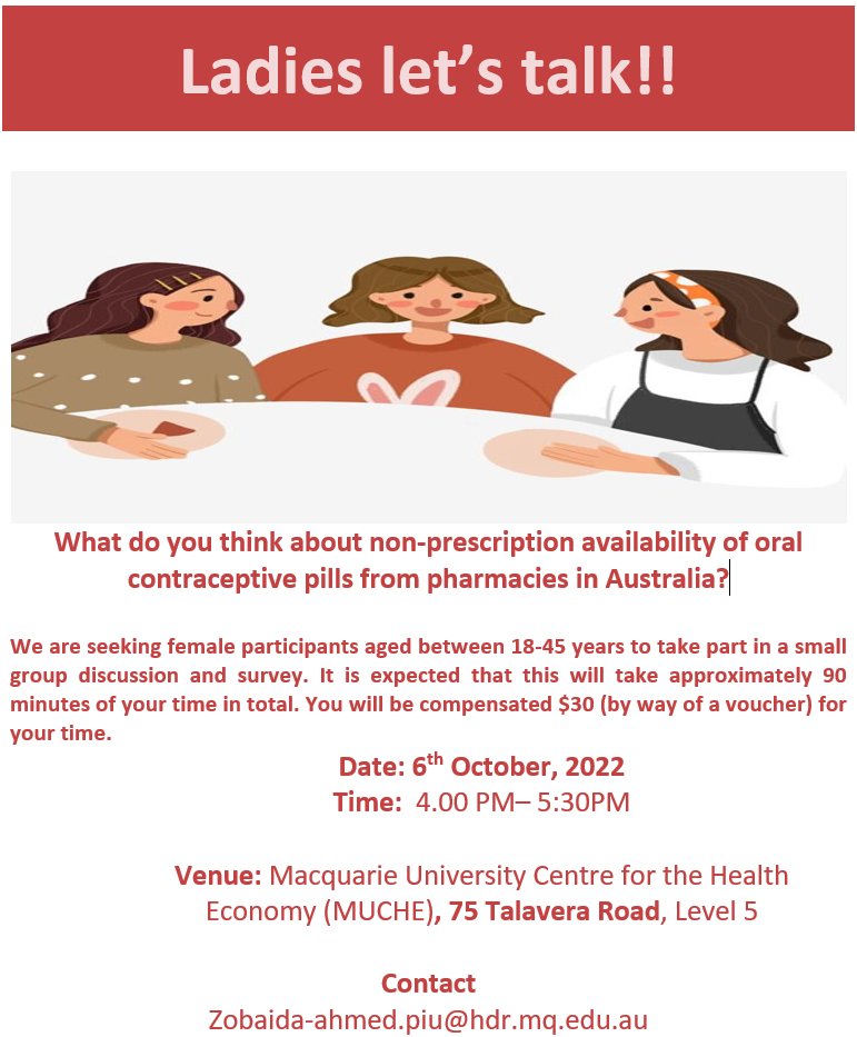 MUCHE_Macquarie's tweet photo. We are seeking female participants aged between 18-45 years for a study about their views on the accessibility of oral contraceptive pills in Australia. 

For more information, please email to 
zobaida-ahmed.piu@hdr.mq.edu.au 

#pills #accessibility #Australia https://t.co/MR8QMnQQ2n