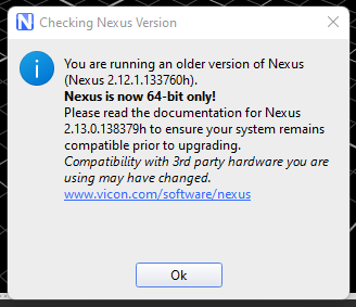 Logemas's tweet photo. Seen this notification in @Vicon Nexus recently?
Nexus is now only 64-bit, so there are some considerations when you upgrade, especially if you use the OpenGL GPU workaround.
Contact us if you have any compatibility questions.
#VICON #Logemas #MotionCapture #VICONNEXUS https://t.co/cS5y5ngAZy
