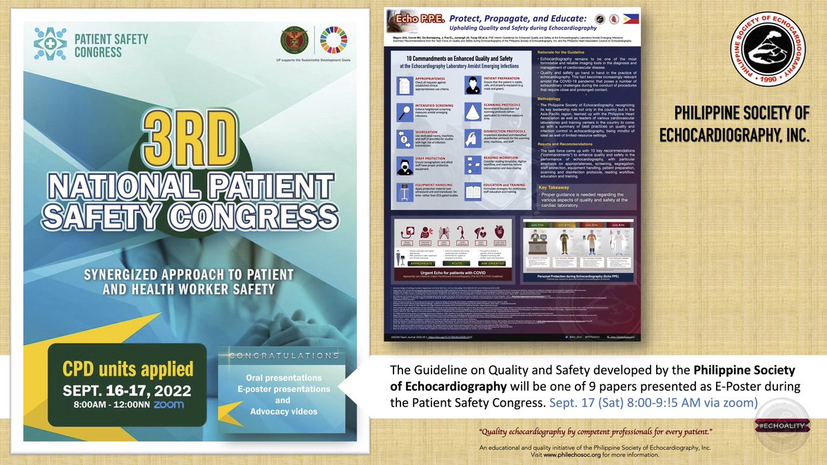 doc_jdam's tweet photo. ECHOING PATIENT AND STAFF SAFETY
@PhilSocEcho’s COVID guideline continues to find relevance and recognition as it was selected for E-Poster presentation during the Patient Safety Congress. https://t.co/UyKK2byQIJ... #ECHOALITY #patientsafety https://t.co/TugZhYigws