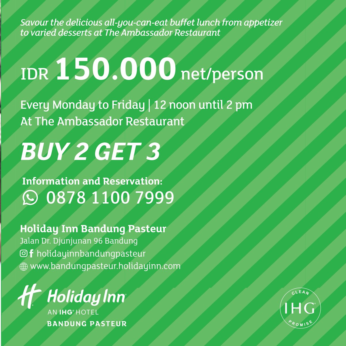 Nikmati makan siang sepuasnya dengan berbagai macam hidangan yang lezat hanya di The Ambassador Restaurant. Yuk reservasi sekarang!

Informasi dan Reservasi
📲 087811007999 atau klik link berikut bit.ly/HILunchAttack