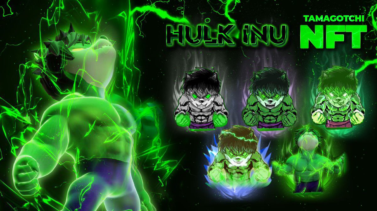HulkInuOfficial's tweet photo. HULK INU TAMAGOTCHI NFTS ARE LIVE🧪

- Mint yours now! 
- Feed your NFT for it to evolve!
- Increase your rarity to legendary!
- Increase your value for massive gains!
- Win huge giveaways!

🚨 HULK INU BUY COMP 🚨

BIGGEST BUY GETS 50% BACK @ NFT SELLOUT https://t.co/ysJVYcZ0Py