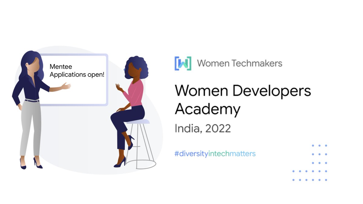 📣 Calling all #WomenInTech 📣 

Take part in the Women Developers Academy, where you’ll have the chance to learn from tech experts and also improve your skills in tech, public speaking, &amp; more. 🙌🏻

Register: forms.gle/pQPr4y8oa69jCv…
#WDA22 #DiversityInTechMatters <a href="/WomenTechmakers/">Women Techmakers</a>