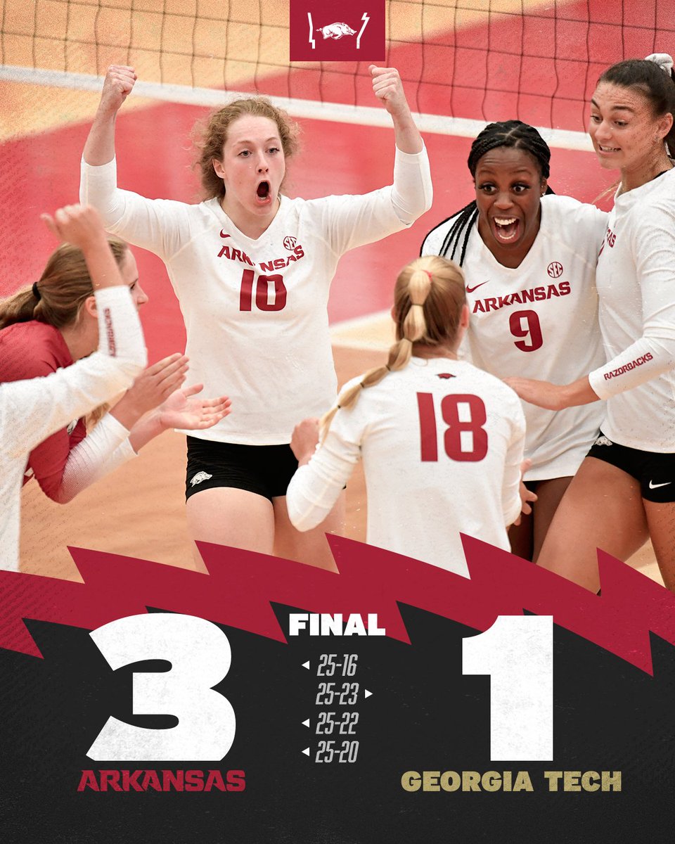 RazorbackVB's tweet photo. STUNG!

Hogs grab their second top 10 win of the season over No. 7 Georgia Tech! https://t.co/liDCv4kj5C