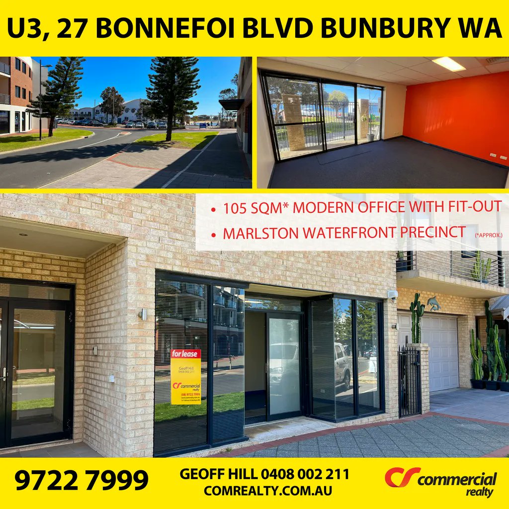 mejenko's tweet photo. For Lease | $30,000pa plus GST plus Outgoings - Unit 3, 27 Bonnefoi Blvd, BUNBURY | The Bay At Your Doorstep… Modern office with fitout | Contact Geoff Hill: 0408 002 211 for a viewing https://t.co/hP8zkcogfz  #comrealty #forlease #commercial #bunburyrealestate https://t.co/w7GpqtfpCF