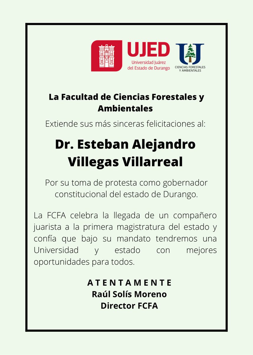 fcfaujed's tweet photo. La FCFA felicita al Dr. @EVillegasV por tomar protesta como gobernador constitucional del estado de Durango. @gobdgo.
¡Enhorabuena! https://t.co/4mV2tYbkns