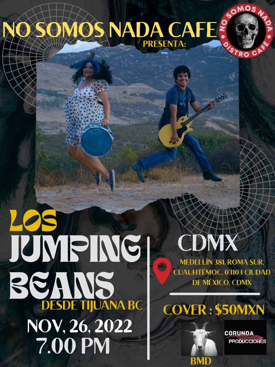 losjumpingbeans's tweet photo. Nos estaremos presentando por primera vez en #CDMX, de Tijuana para la Condesa. 

📅 26 de noviembre 
⏰ 19hrs 
📍@NoSomosNadaCafé 
🎟 Cincuenta pesitos | Día del show. https://t.co/myaXp3DvHD