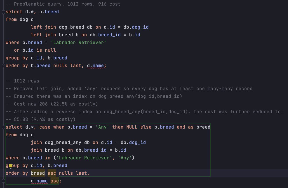 I'm trying to get back to writing about dev stuff in particular SQL. Putting finishing touches on one about a speed up on a product that launched a few years ago. left joins w/ many-man were greatly slowing it down. Changed the domain to something on my mind, kids just got a dog