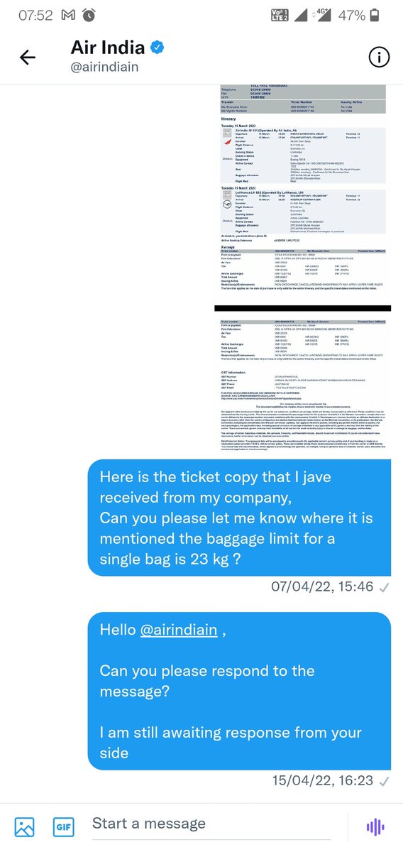 Sayyad_Azmat's tweet photo. @airindiain Still awaiting response since 15-April-2022. https://t.co/XvFXISk3CN
