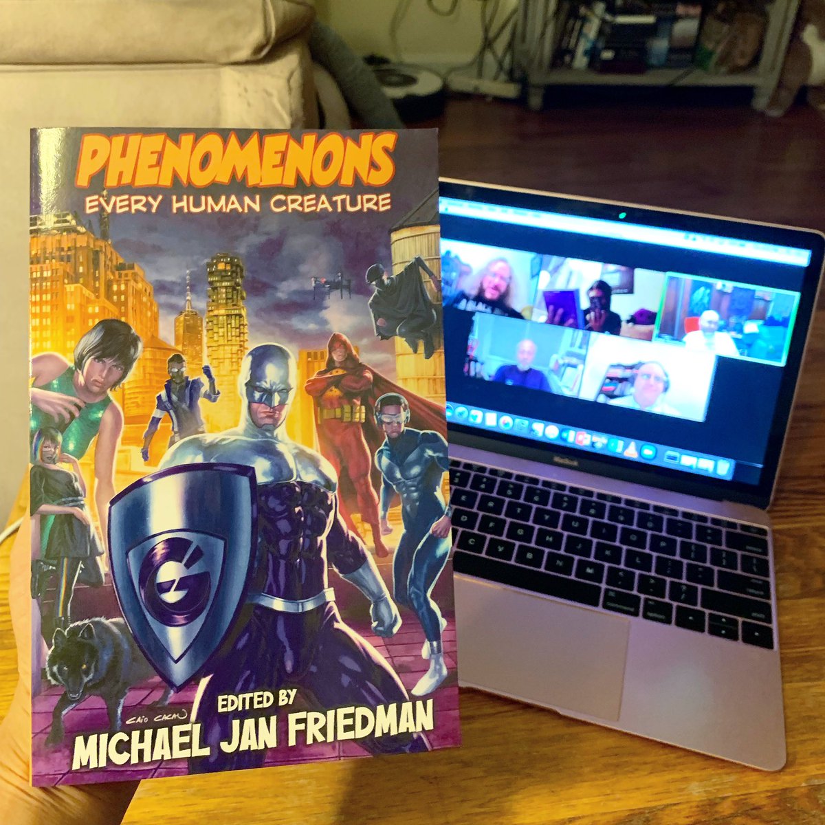 Epic brainstorming session with @KRADeC, @gryphonrose, @mabfan & @FriedmanMJ for the 2nd volume of our superhero anthology, PHENOMENONS! My character, Jojo (aka Sarcastic Fringehead—the one with the rainbow hair) will be crossing paths with Black Hat, Red Sky, and Luminosity…