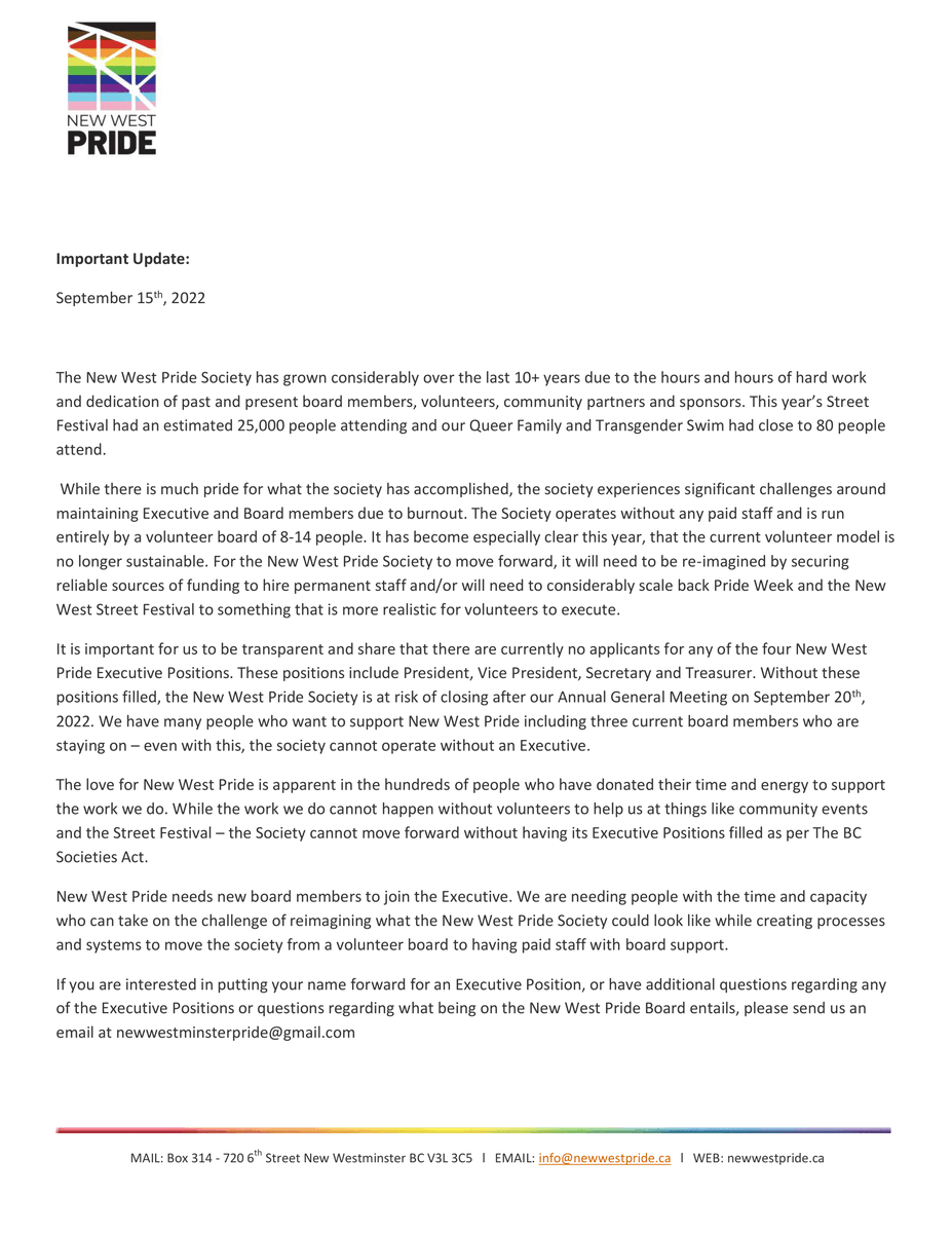 Please see below an important update regarding the New West Pride Society.