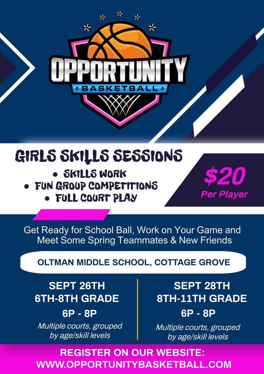 Let's get back in the gym, work on our skills together, support each other &amp; meet some new basketball friends (and possible Spring teammates) in a loud &amp; fun atmosphere, before school ball starts. Register on our website. ⛹️‍♀️