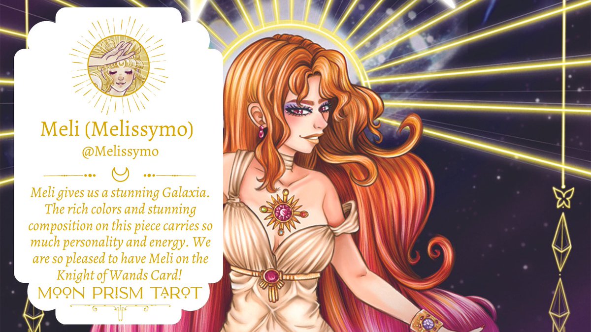 MoonPrismTarot's tweet photo. Moon Prism Tarot is happy to have Meli (@melissymo) as the artist for our Knight of Wands card. The beautiful, terrifying, and unhinged Galaxia herself, surrounded by incredible light and linework.
We are so happy to work with Meli!
#sailormoon #galaxia #sm30 https://t.co/7GzhcKTJhv