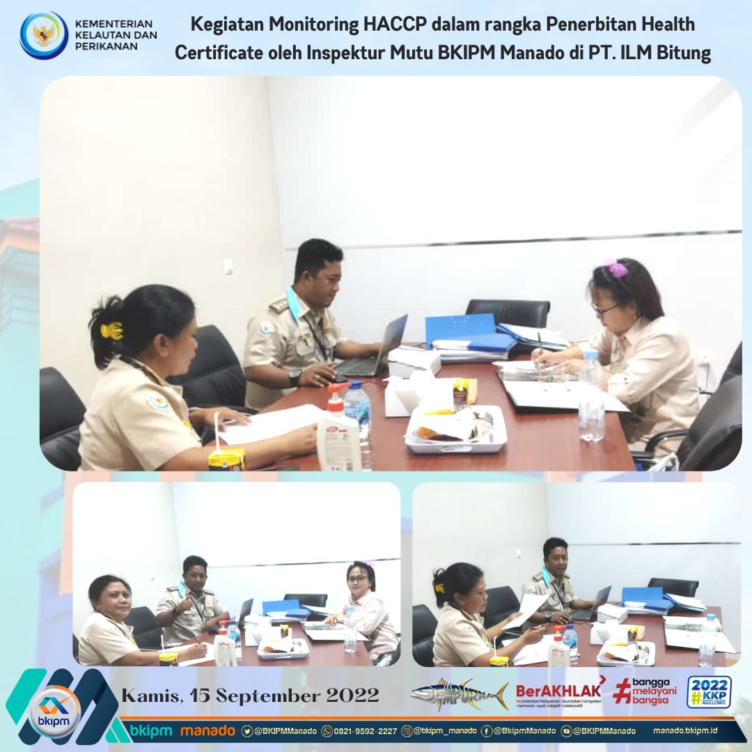 BKIPMBitung's tweet photo. 15 September 2022 #KKPAccelerate 
Kagiatan Monitoring HACCP dalam rangka penerbitan Health Certificate oleh Inspektur Mutu BKIPM Manado di PT. ILM Bitung. 
@bkipm_kkp
@BKIPMManado
@Muhlin21
@pondaag_vera
@DollyLumenta
@like_watung https://t.co/oywar4gpRf